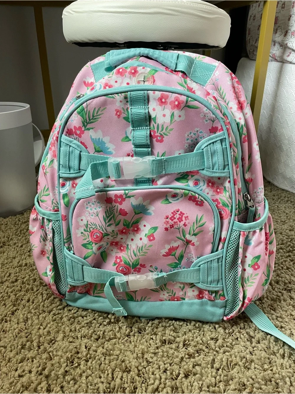 Pottery Barn Kids Large Mackenzie Floral Pink Backpack with Mint Accents